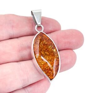 Estate Mexico Taxco TO-199 Sterling Silver 925 6cm Marquise Amber Pendant